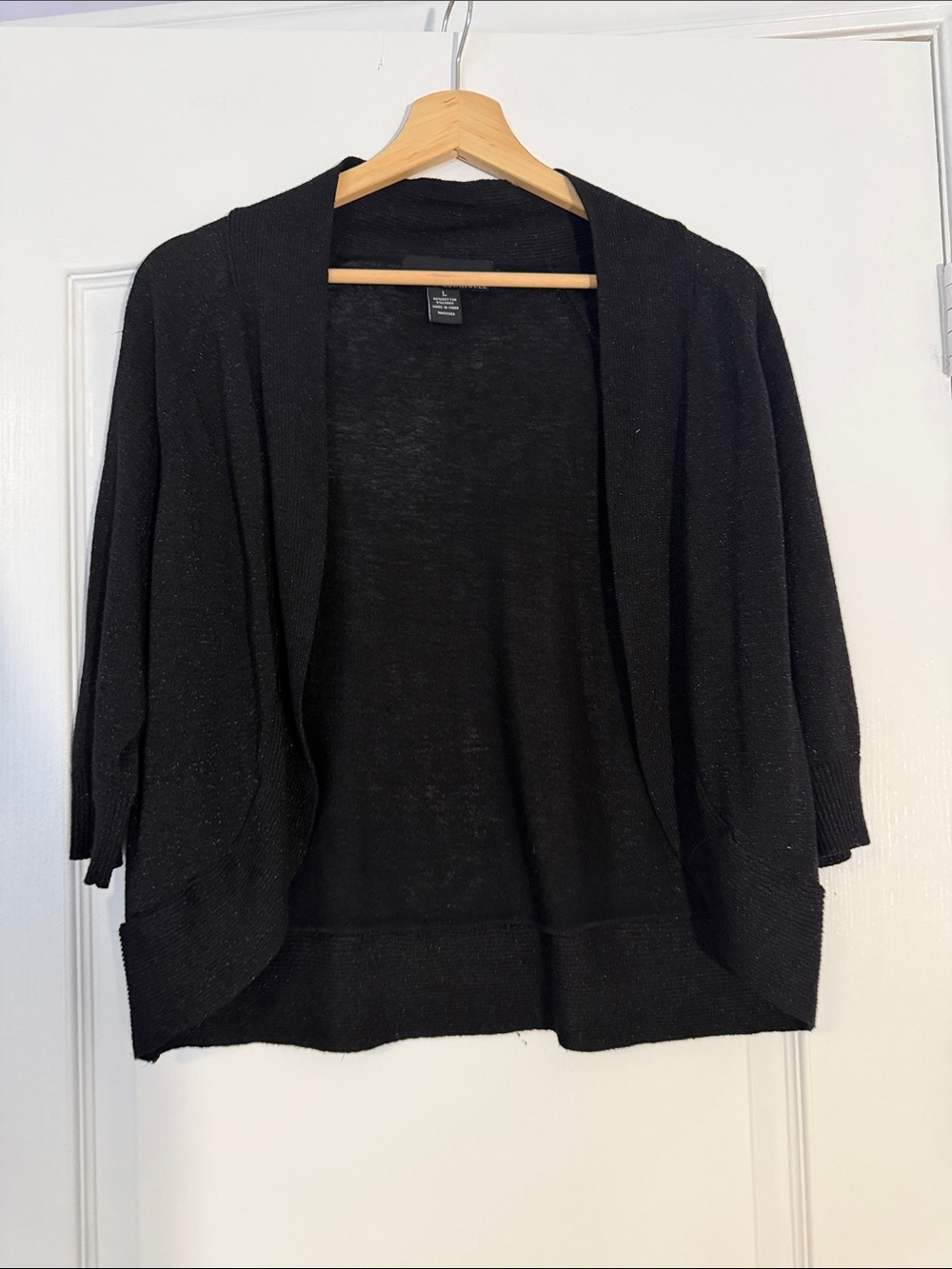 Isabella Rodriguez Black Metallic Shimmer Cropped Open Shrug Cardigan L